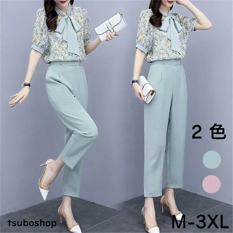 6993円 最高 セットアップ レディース 夏 おしゃれ 2点セット 半袖 シフォン 大きいサイズ フォーマル 花柄 パンツスーツ 結婚式 二次会 オフィス 通勤 着痩せ