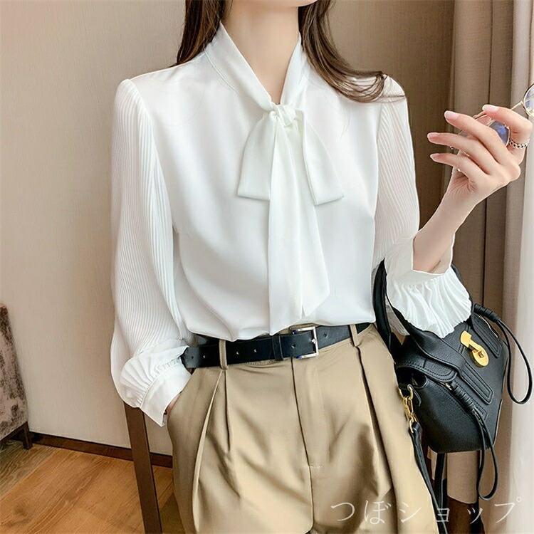 ブラウス レディース 半袖 リボン パフスリーブ Ｖネック シフォン ボウタイ フリル シャツ トップス ワイシャツ 無地 パフスリーブ Ｖネック フォーマル シャツ ブラウス レディース 夏 五分袖 ストライプ バックリボン