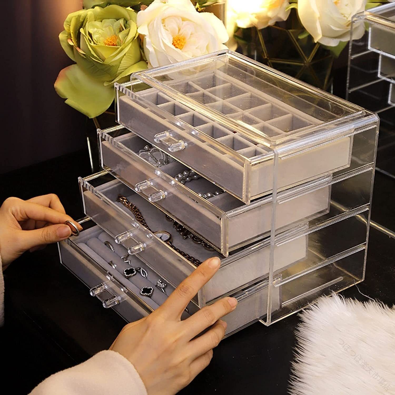 付属物ボックス席 宝飾品ボックス席 貴石箱 宝飾品納める クリアアクリルジュエリーボックス 抽き出し4つ付き添い人 ジュエリーオーガナイザー イヤリング バングル 腕輪