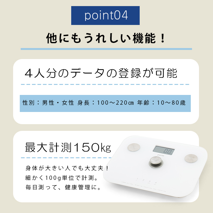 楽天市場 最大30 Offクーポン 24日02 00 30日01 59 ツカモトエイム ポルト ヘルスメーター Six Balance Aim Ws10 体組成計 体重計 Bmi 体脂肪率 体水分量 筋肉 骨量 150kgまで計測 100g単位 4人情報登録可能 デジタル シンプル エコ 電池不要 ギフト プレゼント