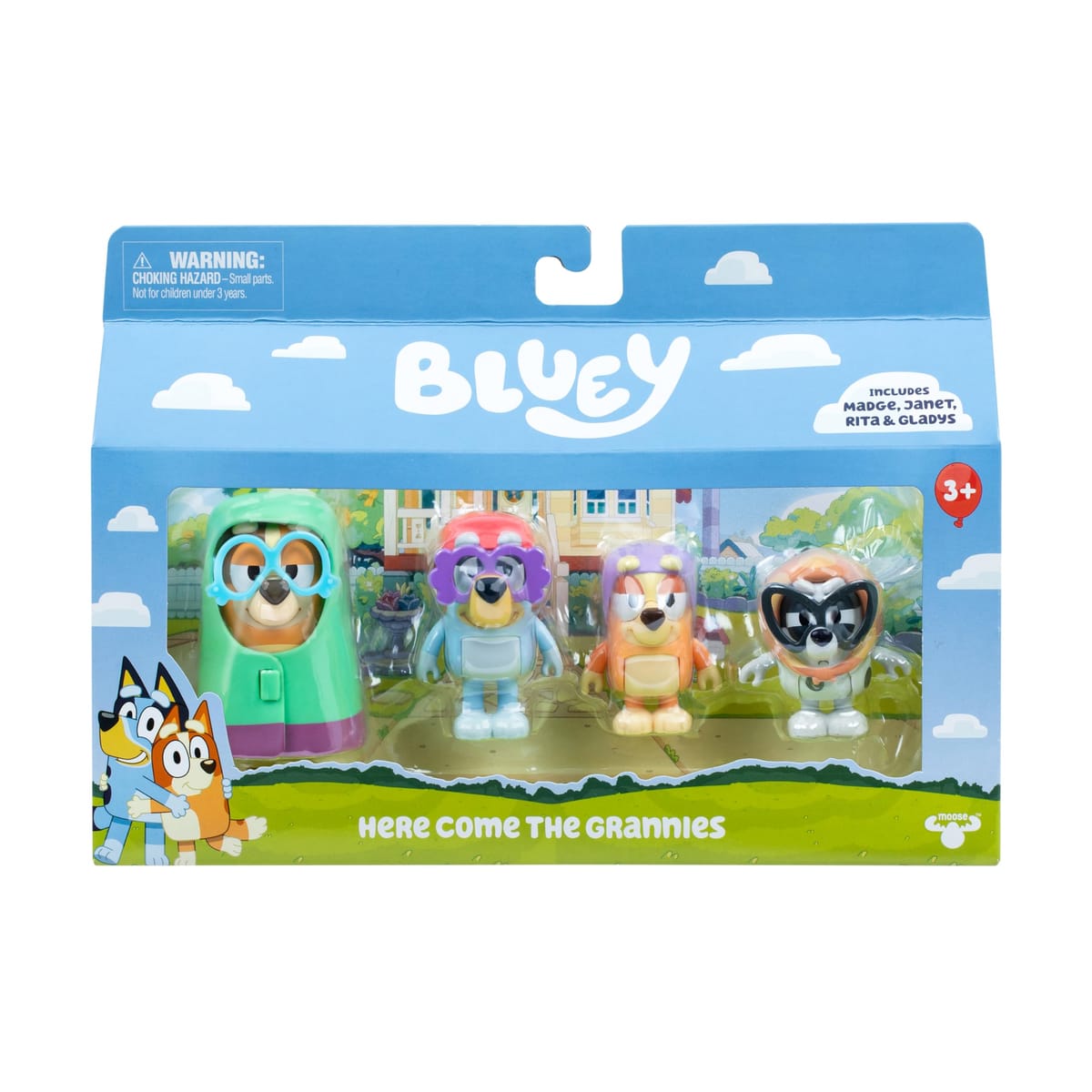 Bluey Figure 4-Pack Here Come The Grannies可動アーム&アクセサリー付きエピソードをテーマにしたフィギュア4体、2.5-3インチ(6-7.6cm)子供用ポーズ可能なおもちゃエピソードのおばあちゃんの瞬間を再現。
