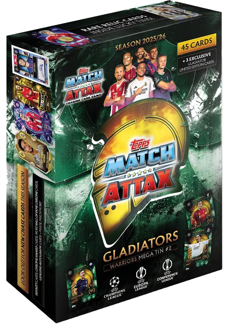 Topps UCC Match Attax 2025/26 - ランダムメガ缶 - マッチアタックスカード45枚とグラディエーターLEカード3枚入り。
