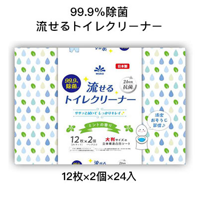 【個人様購入可能】●和光製紙 99.9%除菌 水に流せるトイレクリーナー 大判サイズ 12枚×2個パック ×24入 ミントの香り 蓋シール付 送料無料 01322