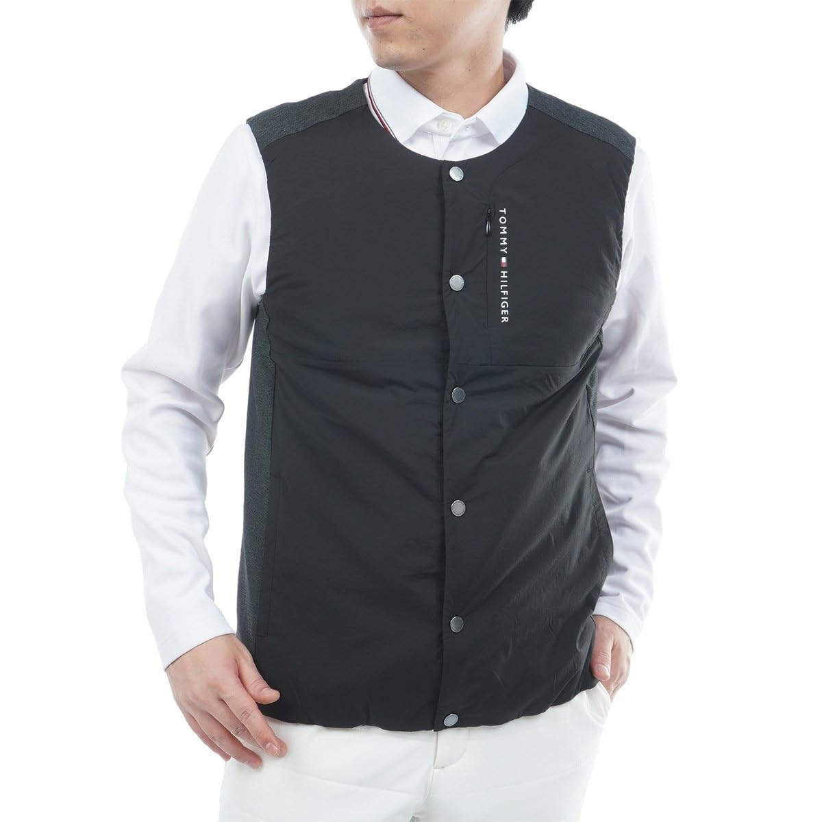 TOMMY HILFIGER GOLF(トミー ヒルフィガー ゴルフ) メンズゴルフウェア ノーカラー 中綿ベスト ブラック Mサイズ THMA585|つかさストア