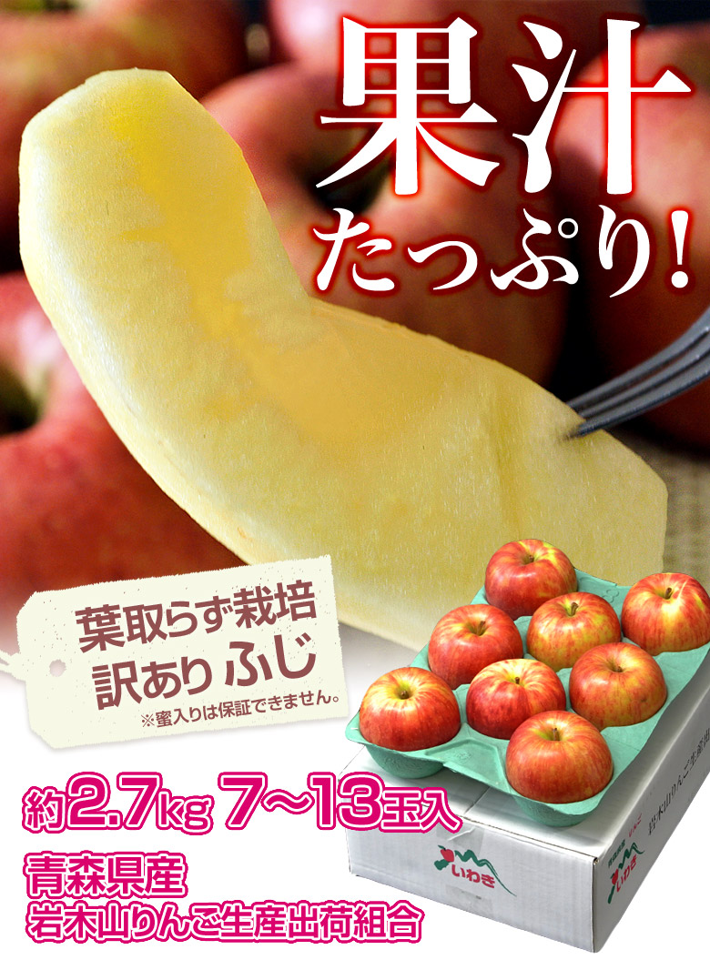 楽天市場 岩木山りんご生産出荷組合の 訳アリ葉とらずサンふじ 青森県産 約2 7kg 1箱 7 13玉 送料無料 常温 豊洲からの直送便