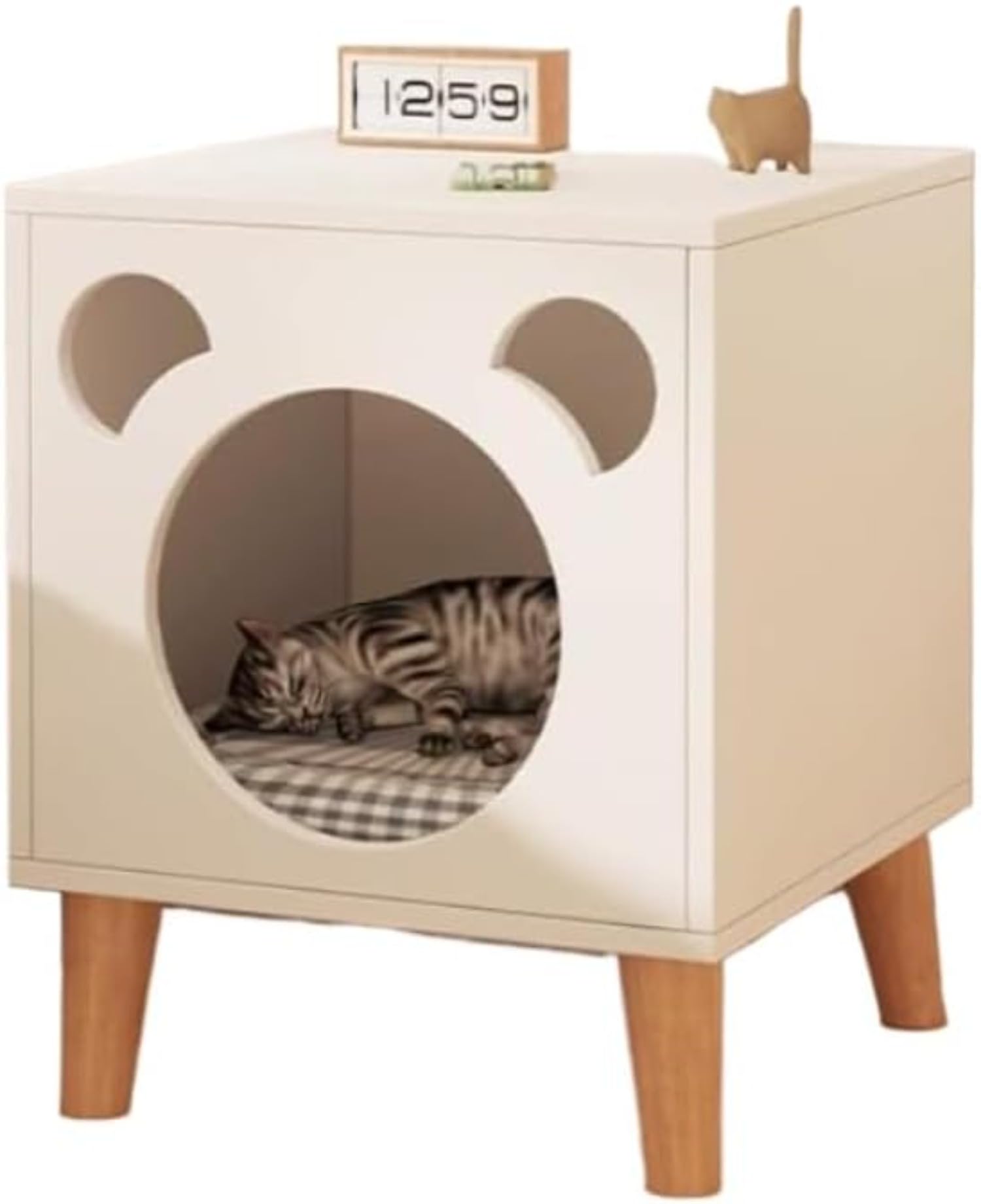 キャットハウス 木製 猫ベッド おしゃれ サイドテーブル ナイトテーブル 天然木脚 ペットハウス 猫用寝床 隠れ家 室内用 通年 丈夫 耐荷重 耐傷性 お手入れ簡単 北欧風 インテリア 家具 幅40cm 奥行40cm 高さ50cm (ホワイ|月影屋