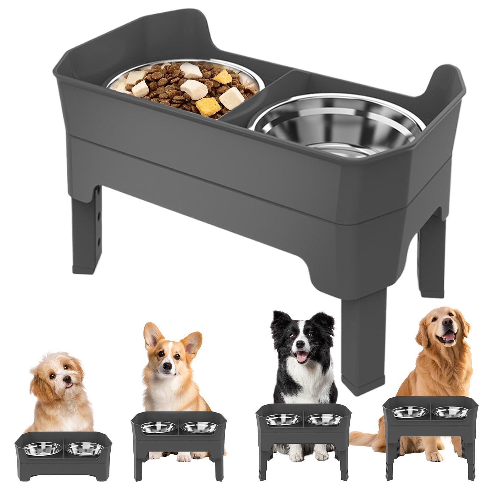 犬用食器照明ランプ 高さ合わせる能力のある ステンレス鋼製どんぶり鉢2個付き添い人 愛玩動物用召し上がる台 犬用 フードボウルスタンド 食器台 スプラッシュかばい立て付き添い人 大型犬 中型犬 小型犬 愛玩動物備品