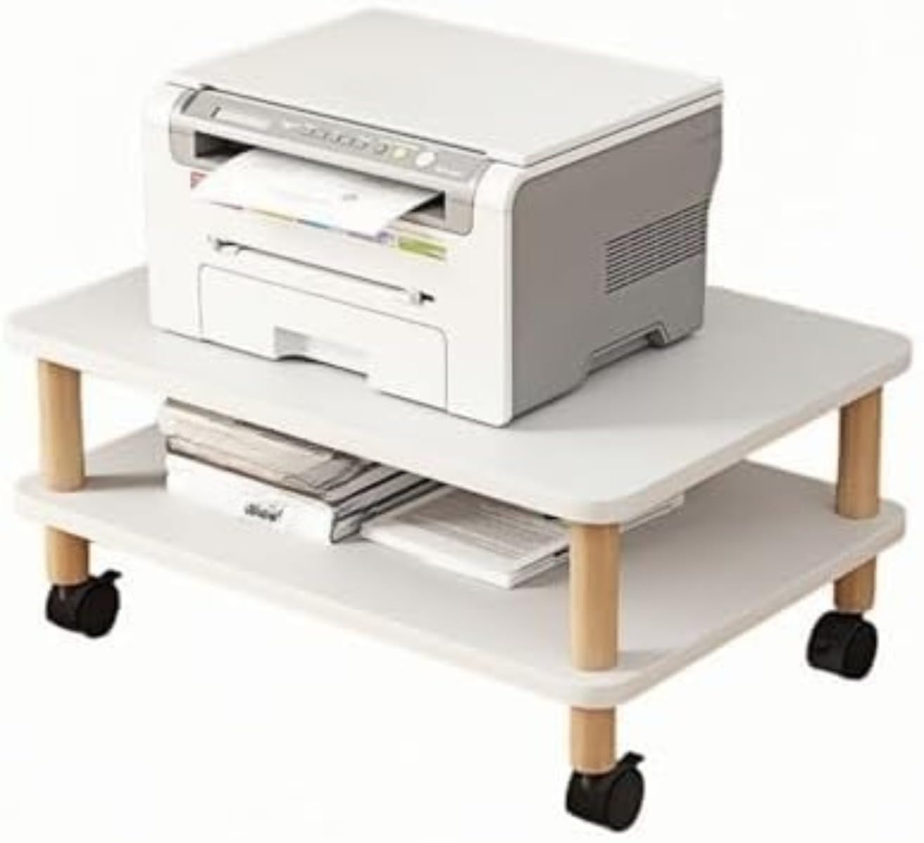 収納ラック コピー機スタンド 家庭用 オフィス用 無垢材 プリンターラック プリンタースタンド 印刷機スタンド キャスター付き (,ホワイト)|月影屋