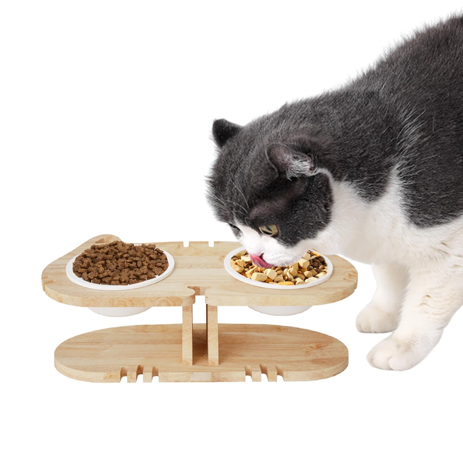 台付き猫用ボウル | 高さのある滑り止めペット給食器 木製台付き | 子猫用高めボウル | 室内リビングルームベッドルーム用｜月影屋
