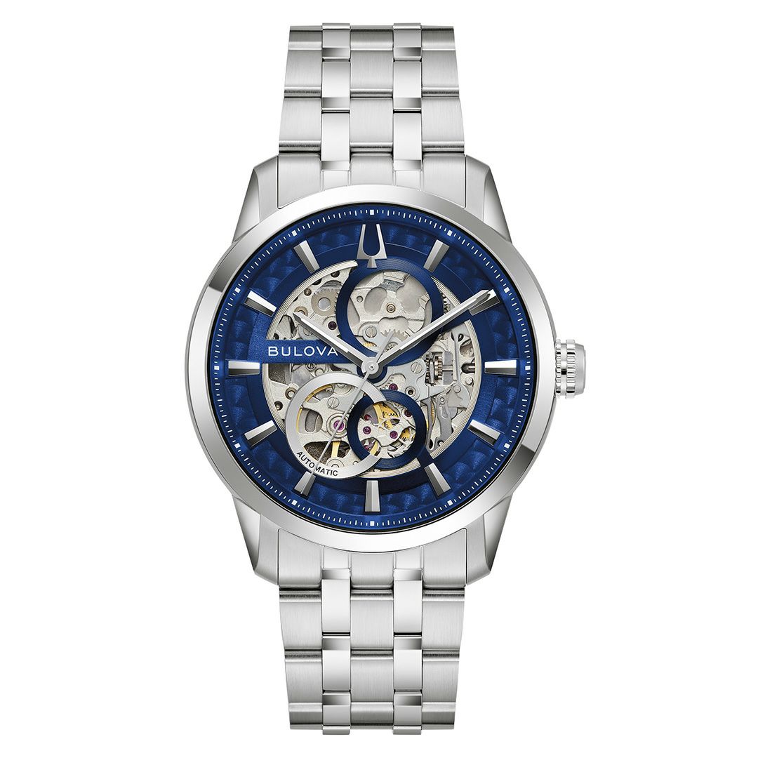 国内正規品　ブローバ　BULOVA　クラシック 　サットン 　96A331　スケルトン　自動巻　メカニカル　ブルー色　青文字盤　ステンレス　日常生活防水　　国際保証登録可　バンド調整サービス　ラッピングサービス