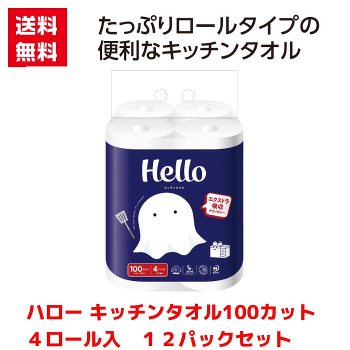 【代引き不可】ハロー キッチンタオル100カット4ロール入 12パックセット【送料無料 配布用 配布 低額ギフト 低額ノベルティ プチギフト 景品 粗品 ギフト 来店プレゼント キッチンペーパー キッチンギフト 日用品 消耗品 台所用品 キッチン】