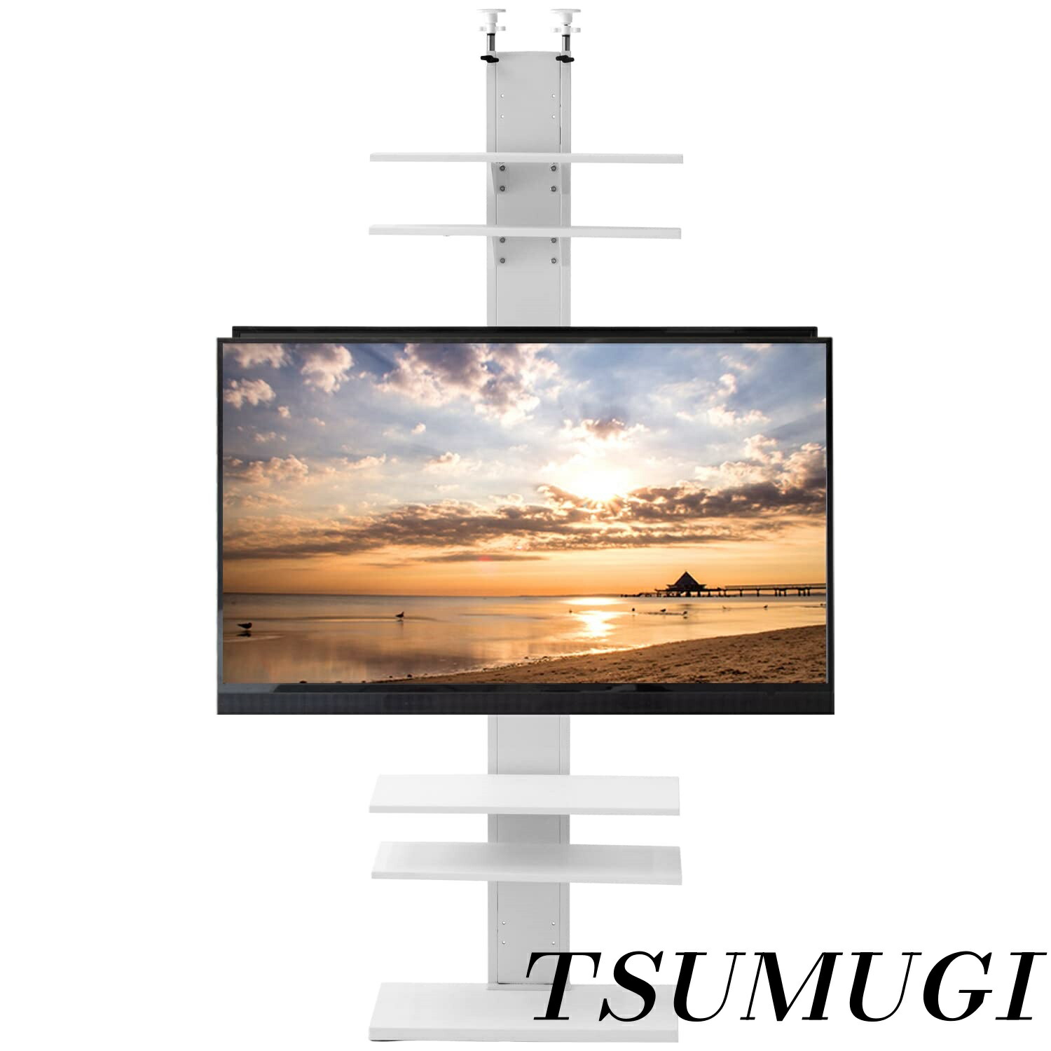 【まとめ買いで最大500円OFFクーポン!】【送料無料】テレビスタンド 壁寄せ 32型～65型対応 突っ張り式 テレビ台 ロータイプ ハイタイプ 首振り 棚板付き ホワイト 45400050(79323)