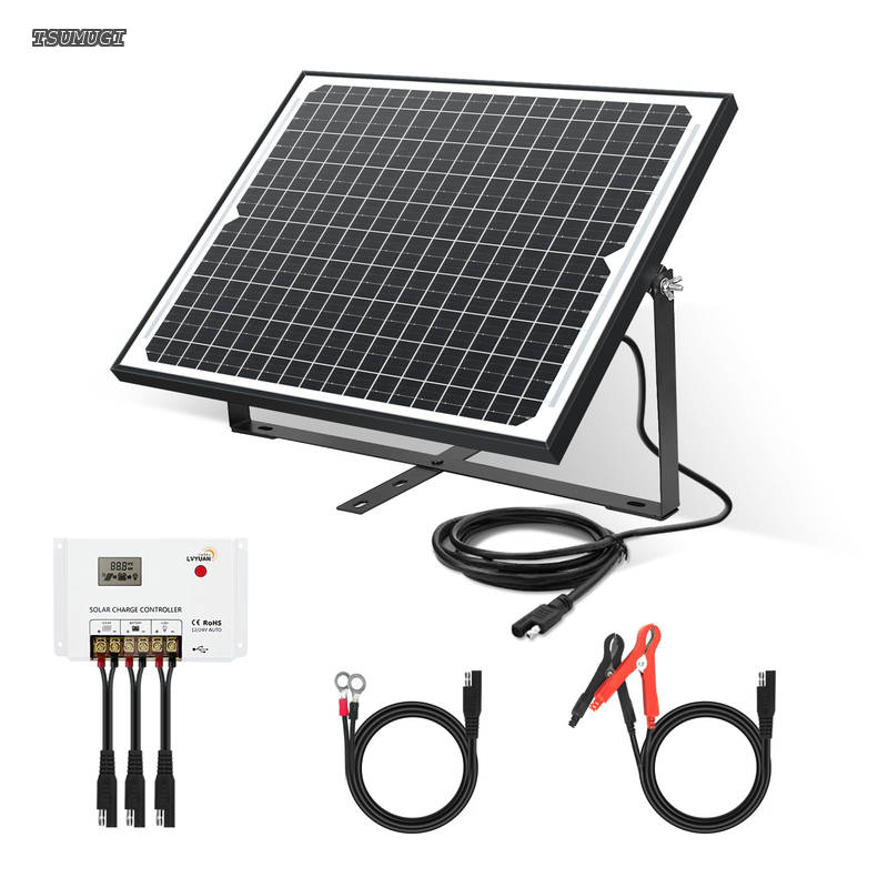 【送料無料】ソーラー発電キット 25W 単結晶 ソーラーパネル 25W + 10Aチャージーコントローラー SAEコネクタ 接続簡単 調整可能な取り付けブラケット! システム充電?蓄電対応 接続ケーブル付き 車 RV ボート 小屋 災害対策 固定するだけの簡単設置! ◆ リチウムイオンバッ|つむぎハウス