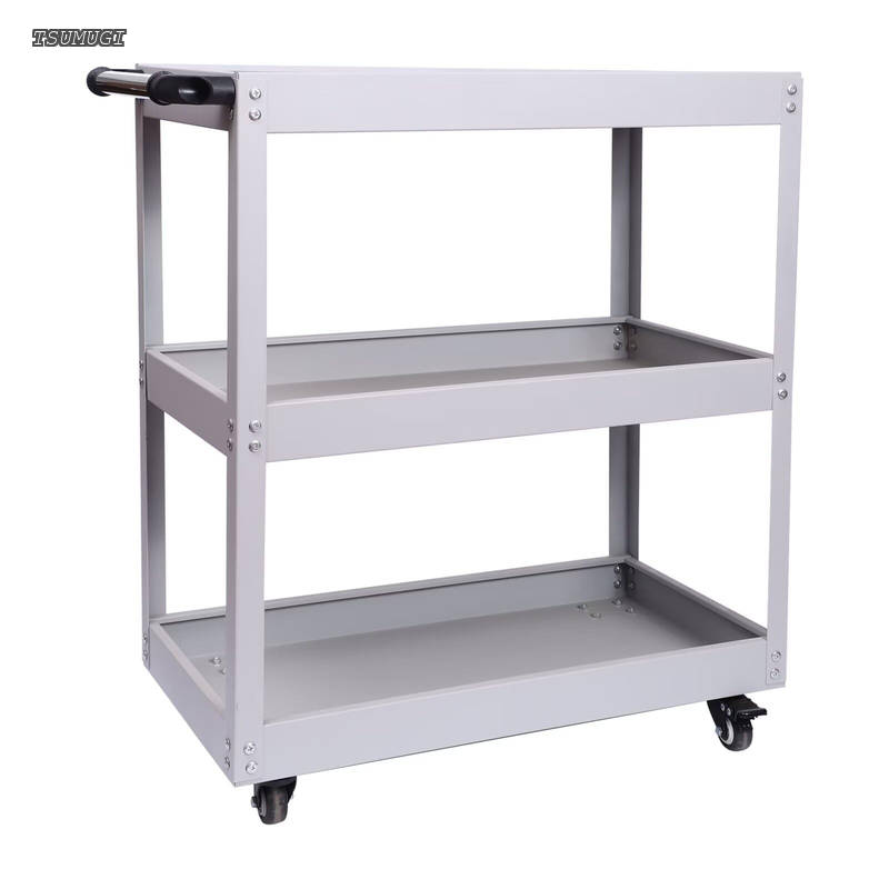 【送料無料】3段 キャスター付 グレー 耐荷重150KG 幅65.5CM×奥行36CM×高さ78.5CM 業務用 ハンドル ドライバーホール付 スチール製 工具ワゴン|つむぎハウス