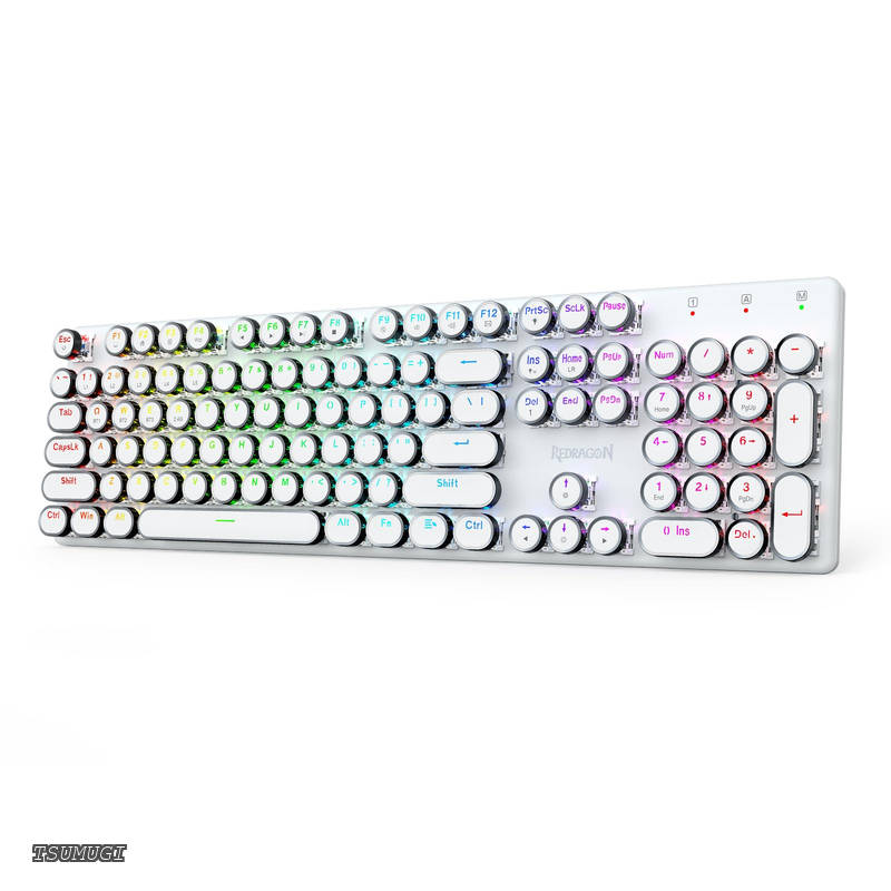 【送料無料】K710 ワイヤレス タイプライター風 メカニカルキーボード 青軸【有線/BT/2.4GHz】テンキー付き 英語配列 RGBバックライト 丸型キー メタルパネル レトロ かわいい Windows/Mac対応（ホワイト）｜つむぎハウス