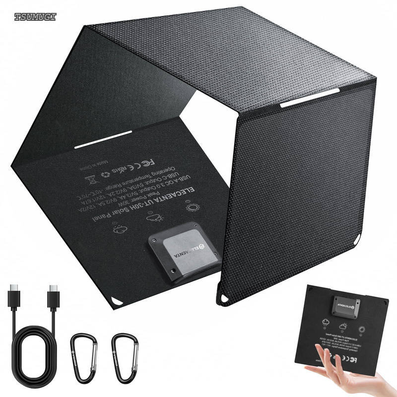 【送料無料】30W ソーラーパネル 変換効率25.4% 次世代HPBCセル PD18W/QC3.0急速充電 ETFE IP68防水 薄型 超軽量0.5KG 折りたたみ式 逆流防止 オートリトライト ソーラー充電器 スマホ充電器 キャンプ/防災/登山/車中泊 iPhone/Android対応｜つむぎハウス