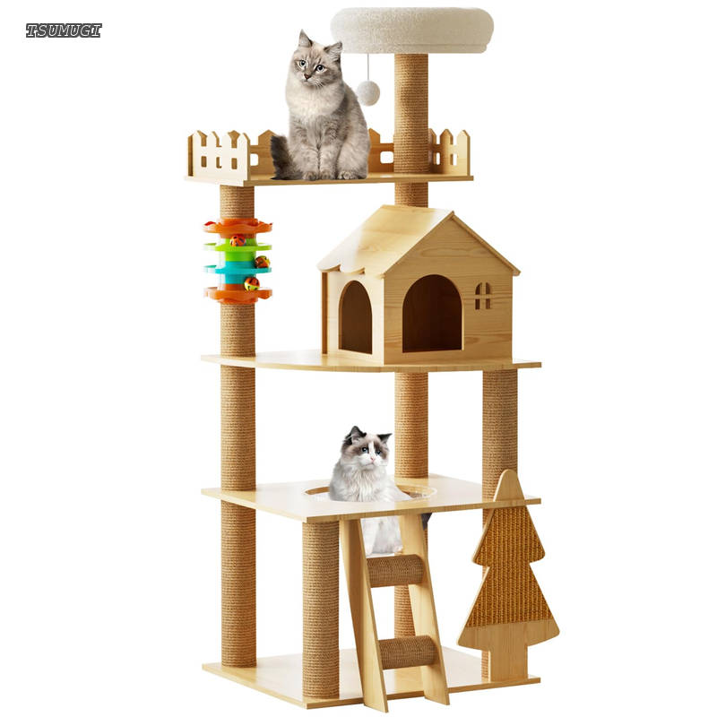 【送料無料】キャットタワー 木製 猫タワー 合板 スリム 大型猫用 据え置き 省スペース 透明ボウル 宇宙船付き 多頭飼い 猫ハウス 太った猫 シニア猫 短足猫 子猫向け 見晴台 頑丈 安定感 天然麻紐 多ステップ 階段付き 爪とぎ 運動不足解消｜つむぎハウス