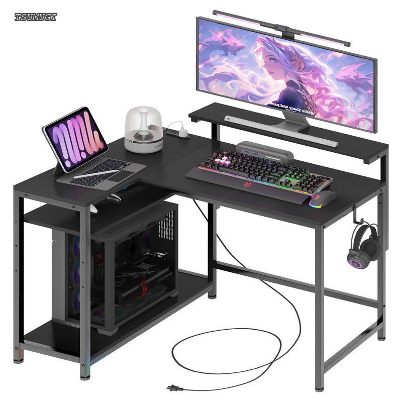 【送料無料】PCパソコンデスク 幅110&times;奥行き80&times;高さ72cm テレワーク L型デスク?左右組み換え自由 モニター台の高さ7段階調節（12～36cm対応）?左右設置可能 収納ラックの棚板が高さ3段階調節 コンセントとフック付き 耐震転倒防止パーツ付き 収納たっぷ｜つむぎハウス