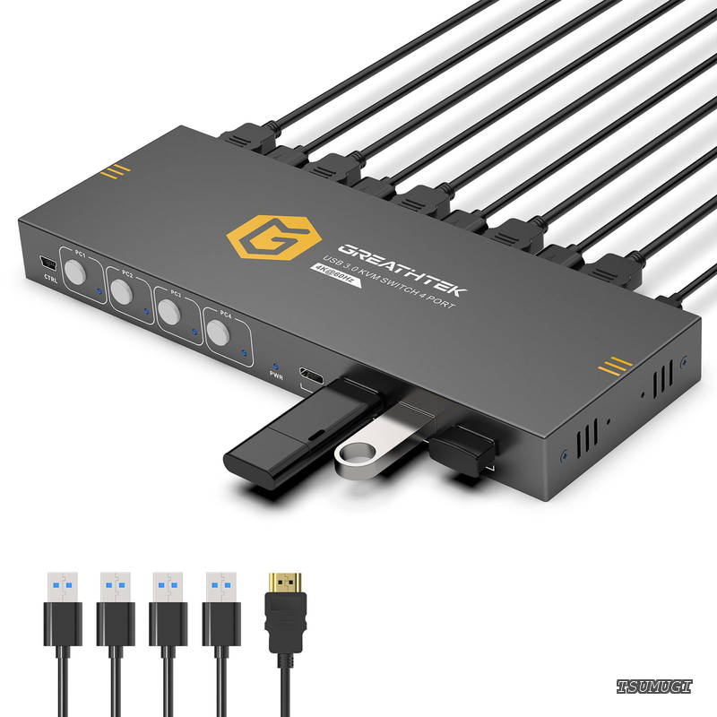【送料無料】KVMスイッチ HDMI、フルUSB3.0ポート、4台のPCコンピュータが1台のモニタを共有、KVM 4入力 切替器、4K@60Hz対応、ドライバ不要、プラグアンドプレイ｜つむぎハウス