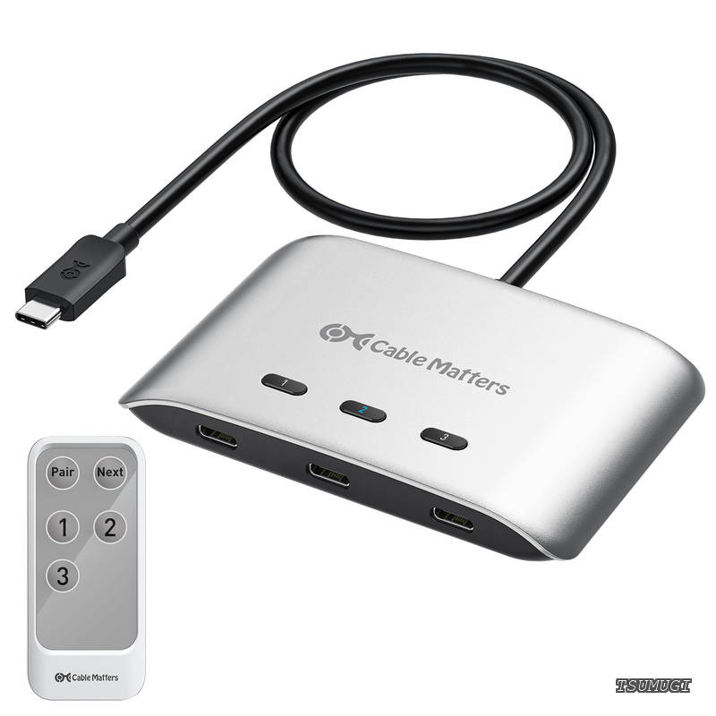 【送料無料】Matters 20Gbps USB-C 切替器 3台PC用、[Windows用8K@30Hz / macOS用4K@60Hz / 140W PD]、USBC KVMスイッチ、Type-C 切替器、USBCまたはThunderbolt 4 モニタまたはUSB4 ドッキングステーションの共有用 （ピグテール一体型ドックには対応しま｜つむぎハウス