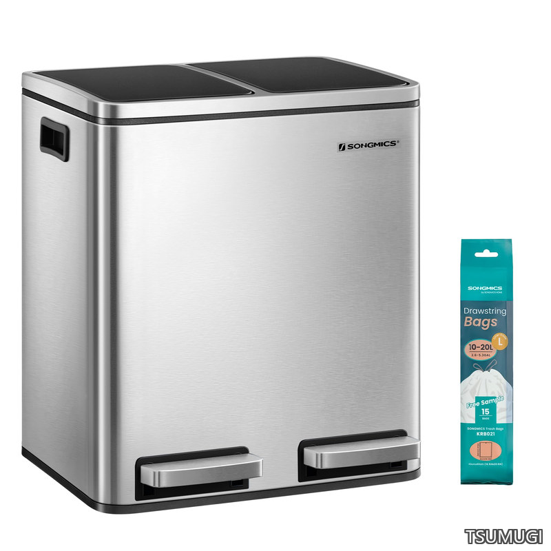 【送料無料】ゴミ箱 ダストボックス ペダル式 2分別 2x15L 蓋付き インナーバケット二つ ステンレス 密閉 音無し おしゃれ スリム キチン 室内 LTB30H|つむぎハウス
