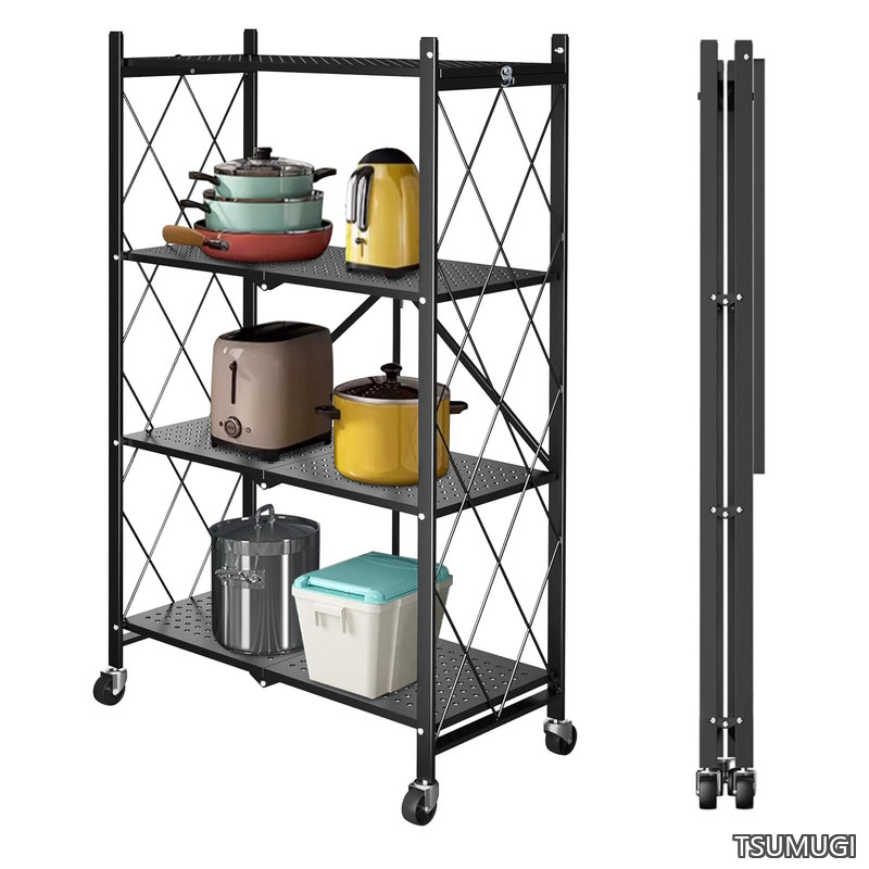 【送料無料】4段 折り畳み棚 スチールラック 幅71×奥行き34×高さ127cm 折りたたみ収納ラック キャスター付き 収納棚 キッチン頑丈 メタルシェルフ 防サビ 家電収納棚 移動便利 高耐久 省スペース棚 組立簡単|つむぎハウス