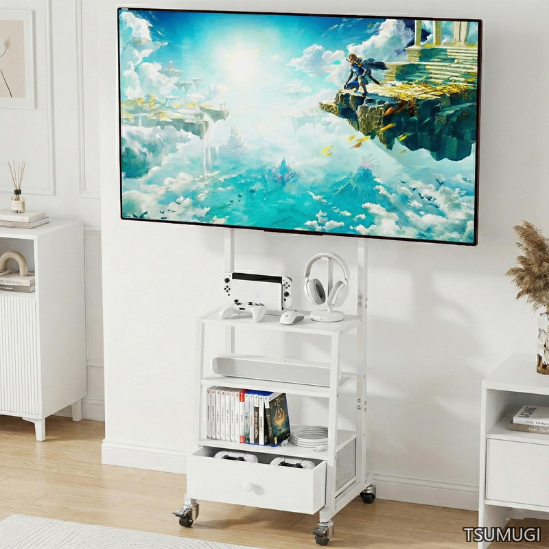 【送料無料】32~55インチ対応 引き出し付き ハイタイプ tvスタンド 移動式 壁寄せ 二重支柱設計 高さ調節可能 テ 棚付き 耐荷重45kg 省スペース 家用・会社用・業務用(ホワイト)|つむぎハウス