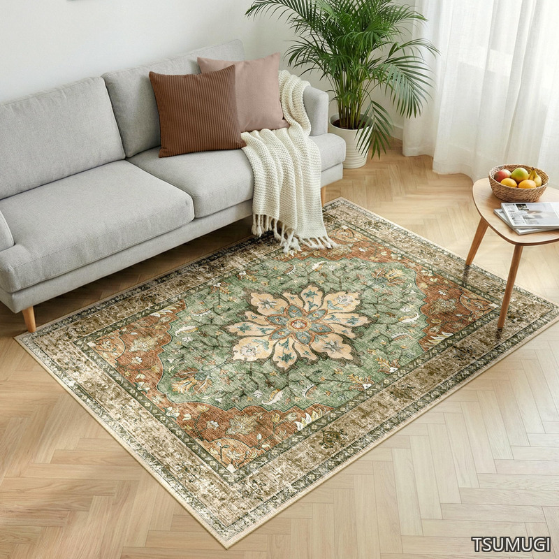 【送料無料】カーペット ラグマット 140&times;200cm 絨毯 ペルシャ風 洗えるラグ 滑り止め オールシーズン 床暖房 ホットカーペット対応 撥水加工 低ホルム おしゃれ アンティーク 花柄 グリーン&times;ブラウン｜つむぎハウス 7,720円