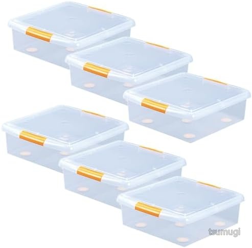 【送料無料】6個セット 薄型収納ボックス 幅47.5&times;奥行45&times;高さ16.5cm クリア/オレンジ 小物収納に便利｜つむぎハウス