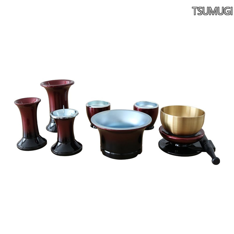 【送料無料】おりん付き 7点セット 仏具 一式 セット ミニ おしゃれ モダン おりん ワインレッド ミニ仏壇用 小型仏壇用 具足 コンパクト 全宗派対応|つむぎハウス