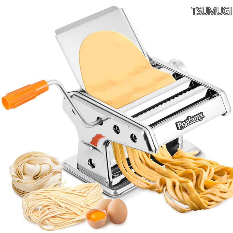 【送料無料】パスタマシン 手動 3カッター 2/4.5mm/8mm 6段階厚み調整 製麺機 ステンレス鋼 うどん/スパゲティ/そば/中華麺/ラーメンなど パスタメーカー 家庭/業務用 日本語取り扱い説明書付き (銀色−3カッター)|つむぎハウス