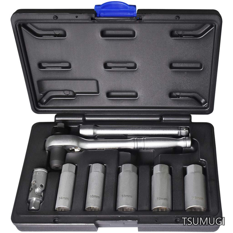 【送料無料】FIRSTINFO TOOLS スパークプラグ トルクレンチセット（8点） 差込角3/8"(9.5mm) ソケット14mm、16mm、18mm、19mm、21mm付｜つむぎハウス