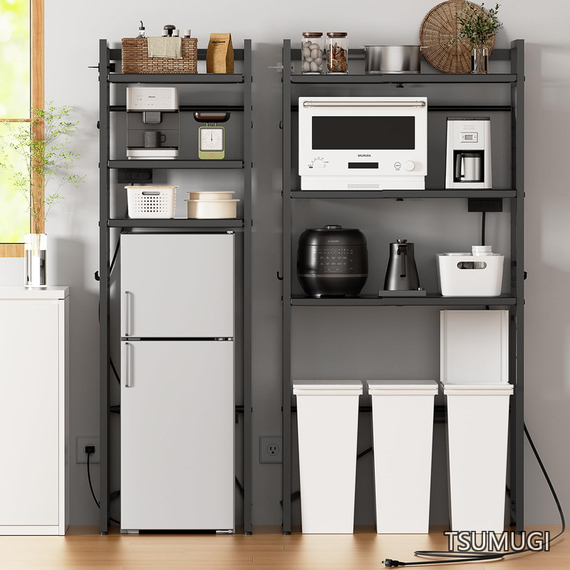 【送料無料】ゴミ箱上ラック YDH 冷蔵庫上 キッチン 棚 ゴミ箱 ランドリー W50~80×D42×H170cm 洗濯機 レンジ棚 耐荷重90kg 高さ13段階調節 大型電子レンジ対応 フック12個付き 頑丈 キッチン 食器棚 炊飯器 (ブラック)|つむぎハウス