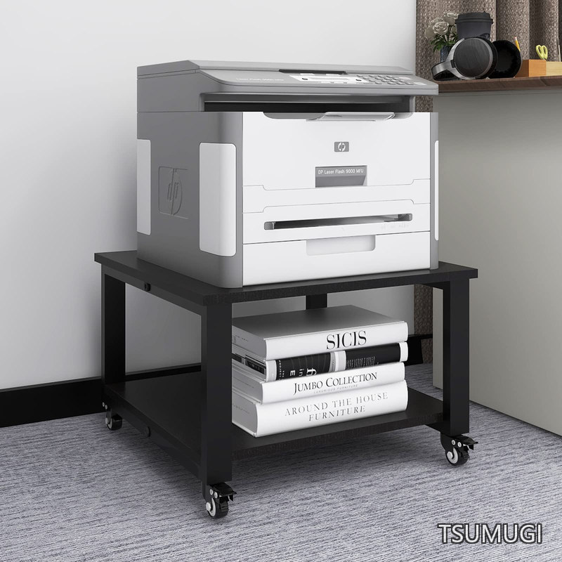 【送料無料】プリンター台 2段 幅50×奥行50×高さ32cm 木製ワゴン キャスター付き 収納棚 大型コピー機対応 レーザープリンタ FAX機適用 机下に置ける 省スペース設計 75kg耐荷重 簡単組立 オフィス・家庭用 多機能ラック ブラック|つむぎハウス