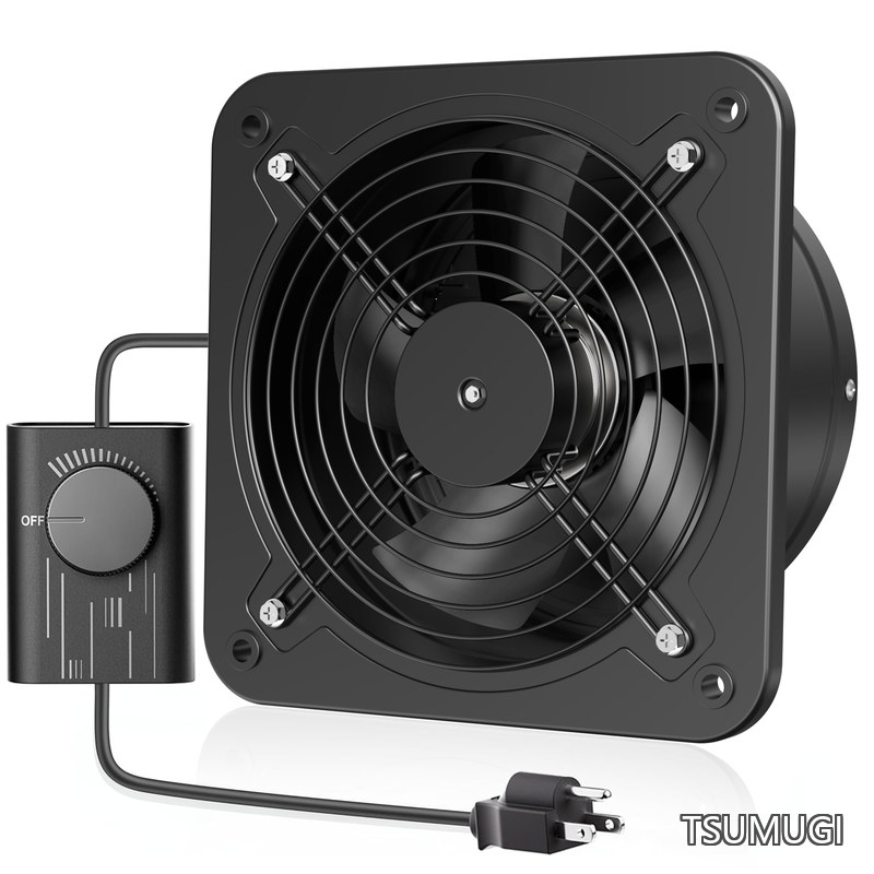 【送料無料】250mm 壁付け 家庭用工業換気扇 風量調整可能 ダクトファン 業務用 100-120V対応 ダクト用排気ファン 倉庫/トイレ/キッチン排気用(250mm-黒)｜つむぎハウス