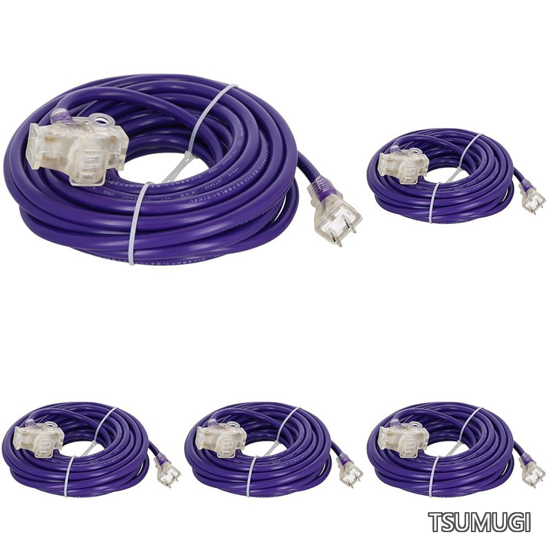 【送料無料】作業用 カラー 延長コード ソフトタイプ 10m 3口 パープル TG-COD-1003PA 1500Wまで 125V 15A 3個口 3分配 紫 電源タップ トリプルタップ コンセント 電源ケーブル 延長ケーブル 電源コード コンセント たこあし 延長電源 電工 (&times; 5)｜つむぎハウス