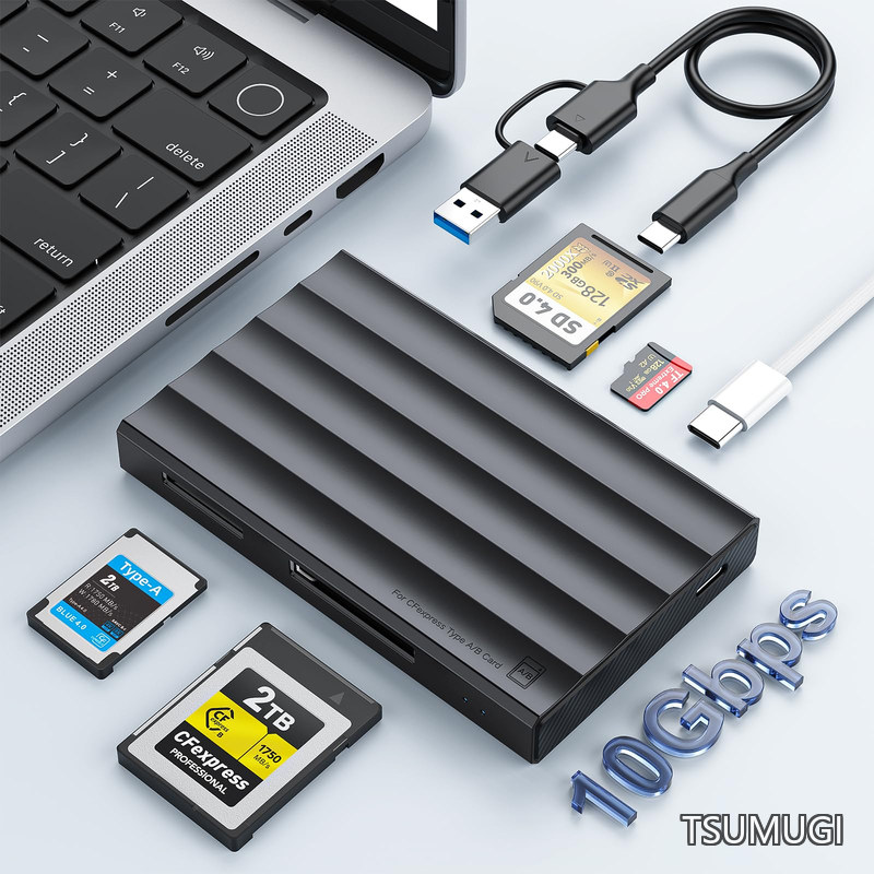 【送料無料】CFexpress カードリーダー CFexpress Type A/B・SD4.0・TF4.0対応 |USB-C/A両対応・10Gbps超高速転送|RAW/4K/8K動画編集に最適|アルミ合金ボディ&LEDインジケーター|Windows/Mac/スマホ/タブレット対応|つむぎハウス
