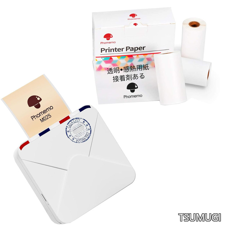 【送料無料】M02S ミニサーマルプリンター & 53mm 透明裏巻き感熱ロール紙 3 巻セット 300DPI AI アプリ Bluetooth 接続 15/25/53mm 対応 防水防摩擦 強粘着シール紙 自宅学習・手帳 DIY・プレゼント最適|つむぎハウス