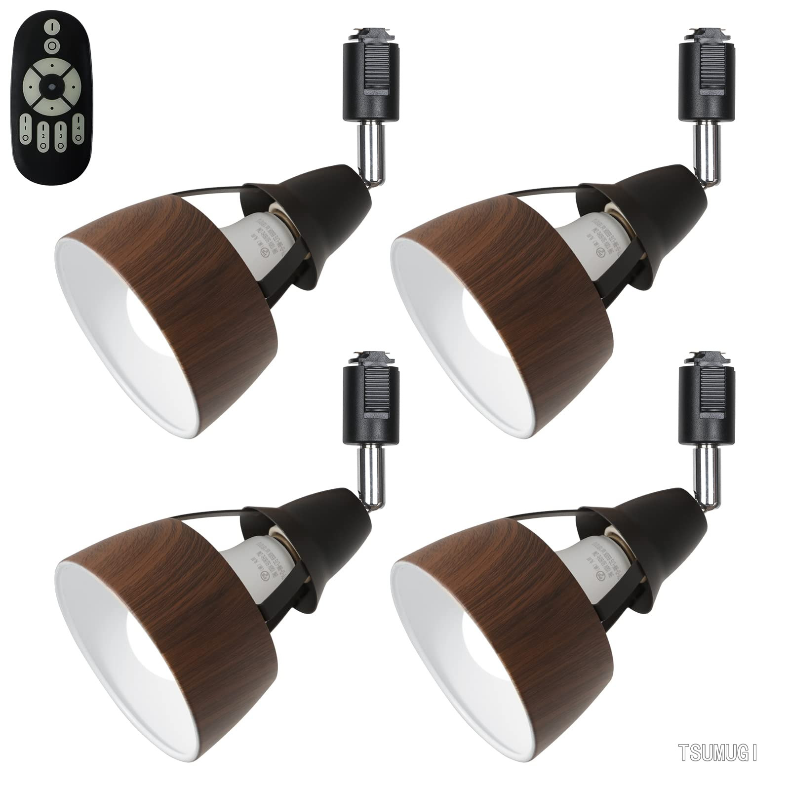【送料無料】4個セット レール用スポットライト E26 SETGD-E26DB-9WCT-4B-Y LED電球60W形付き 調光調色 リモコン付き ブラウン ダクトレールライト 木紋入 北欧 間接照明 照明器具 レール用 ダイニング リビング用 居間用(ブラウン)|つむぎハウス