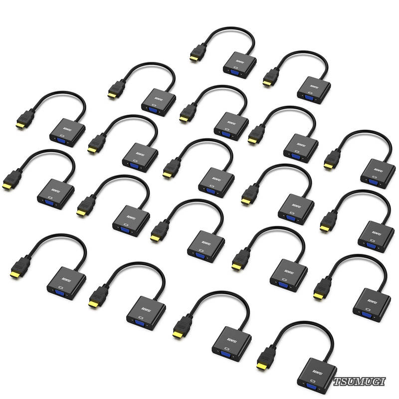 【送料無料】20個 HDMI-VGA(D-SUB)アダプター (オスからメス、逆方向に非対応) 1080pフルHD HDMI to VGAアダプタ コンピューター、デスクトップ、ノートパソコン、PC、モニター、プロジェクター、HDTV、Chromebook、Raspberry Pi、Rokuなどに - ブラック｜つむぎハウス