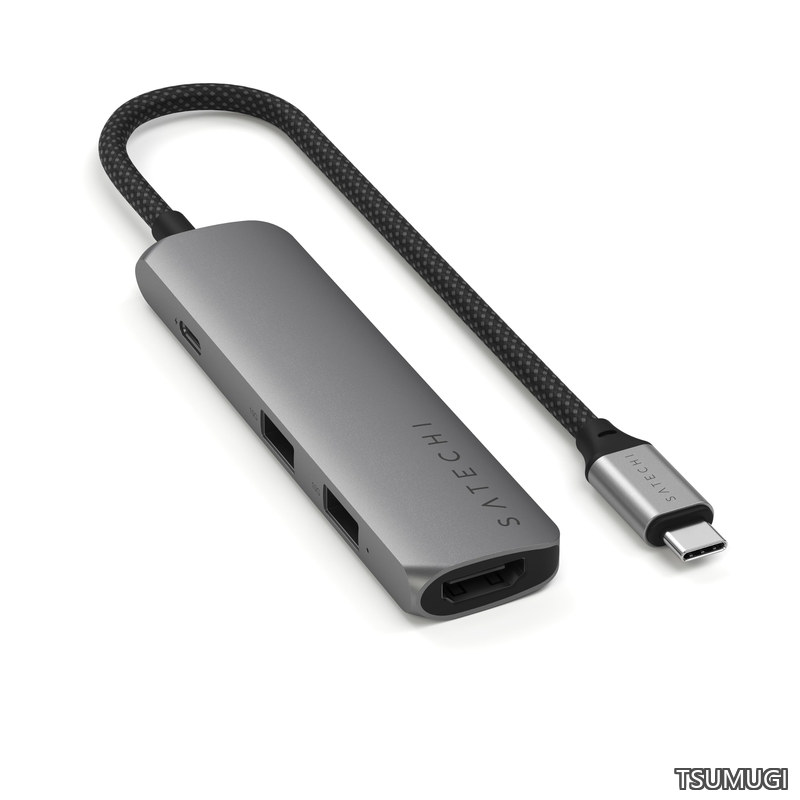 【送料無料】4 in 1 USB-C スリムプラス マルチポートアダプター（100W急速充電ハブ、4K@60Hz HDMI変換器、USB-A 10Gbps &times;2高速データ転送、MacBook Air & Pro、ノートパソコン対応）? スペースグレー｜つむぎハウス