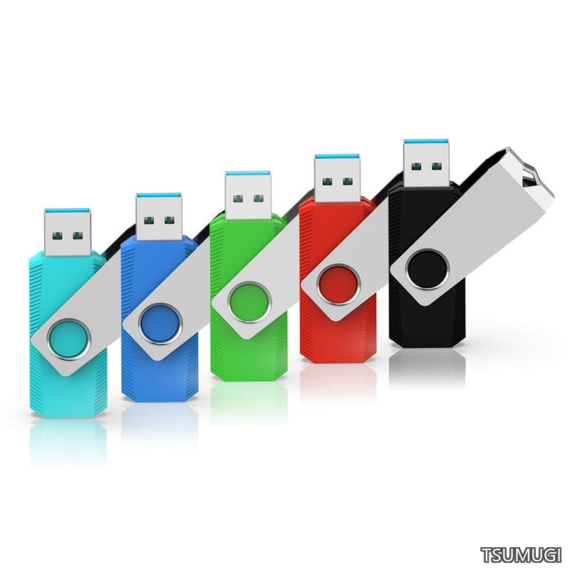 【送料無料】USBメモリ64GB USB3.0 超高速データ転送 フラッシュドライブ 5個セット 読取り最大90MB/s 回転式 カラフル（青緑赤黒水色） ストラップホール付き｜つむぎハウス