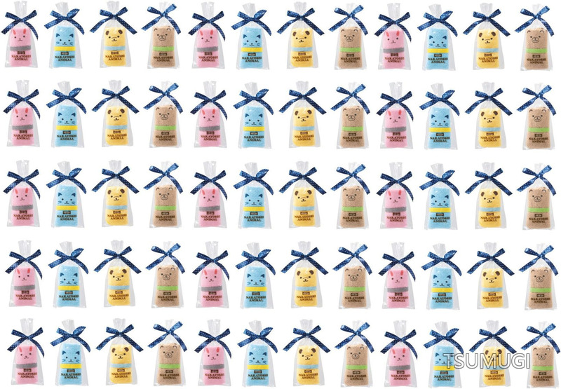 【送料無料】ループ付きだから丸めてコンパクトに 個包装 ラッピングがかわいい ふわっとアニマル 動物柄 4色（イヌ クマ ネコ ウサギ） 景品 記念品 プチギフト ご挨拶品 粗品 ノベルティー サンクスギフト ばらまき 子供 かわいい キッズ ビンゴ 引越し セット まとめ買い｜つむぎハウス
