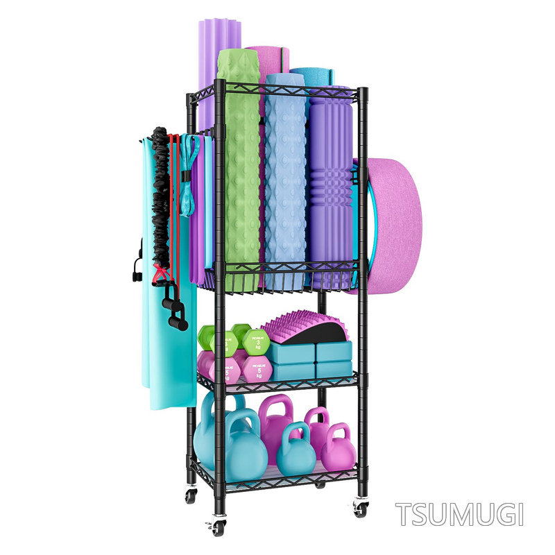 【送料無料】キャスター付き ヨガマット収納ラックダンベルラック ホームジム収納ラック 省スペース スチールラック ジムラック 組み立て簡単 幅42cm&times;奥行28cm&times;高さ125cm｜つむぎハウス
