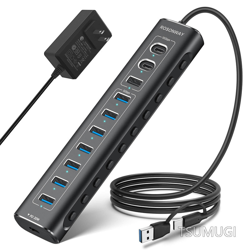 【送料無料】SB ハブ10Gbps 11ポート 20W PDx1 USB C 3.2x2 USB A 3.2x1 USB 3.0x7 2 in 1 ケーブル 付き アルミ製 USB HUB セルフパワーとバスパワー両用 12V 5A 電源｜つむぎハウス
