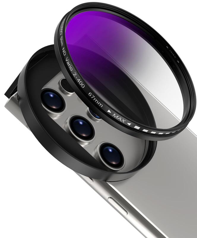 67mm 可変 ND2-ND400フィルター スマホ用減光カメラレンズ クリップ付き Neutral Densityフィルター iPhone 16 15 14 13 Pro Max、Samsung、、Google Androidなどに対応 減光量調整