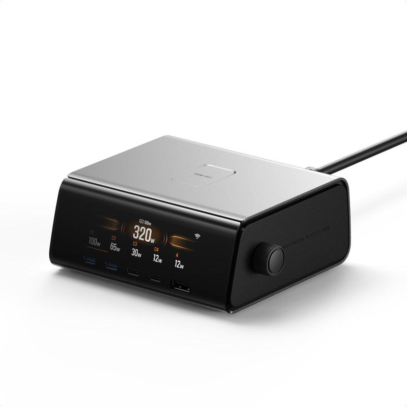 EcoFlow RID Pro 320W GaN 急速充電器５ポート（USB-C*4 & USB-A*1）&ポゴピン充電/6台まとめて同時充電/１ポート最大140W出力/スマート液晶ディスプレイ搭載/アプリ制御可能