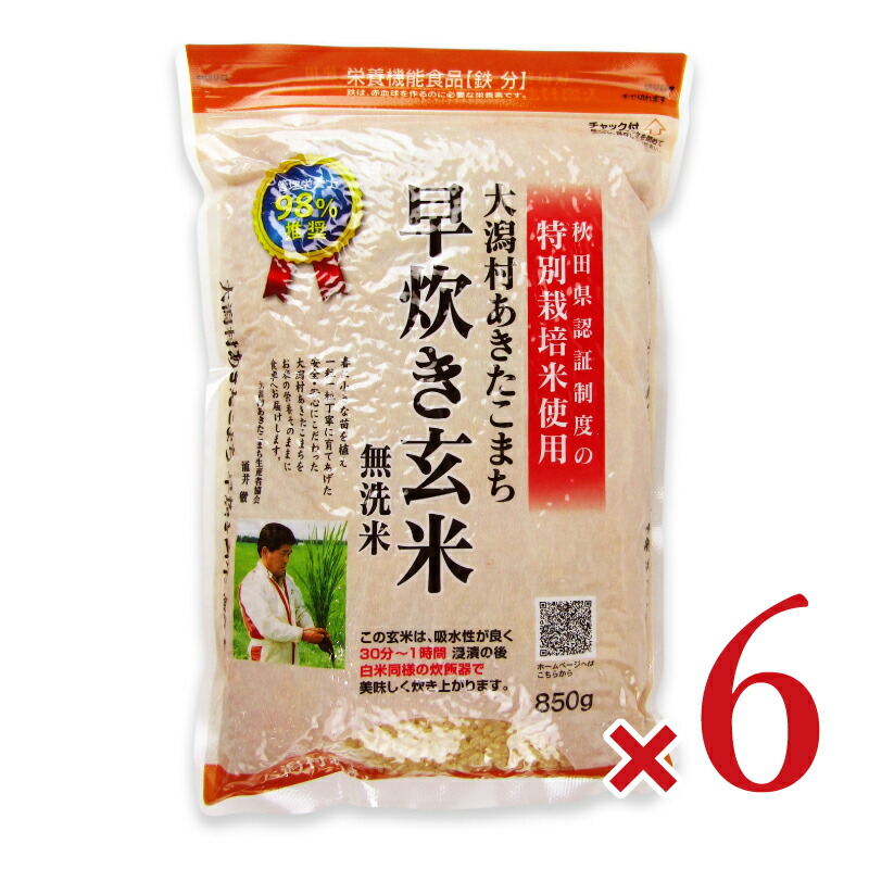 【マラソン限定!最大2000円OFFクーポン配布中!】《送料無料》大潟村あきたこまち生産者協会 特別栽培米大潟村あきたこまち早炊き玄米鉄分 850g × 6袋