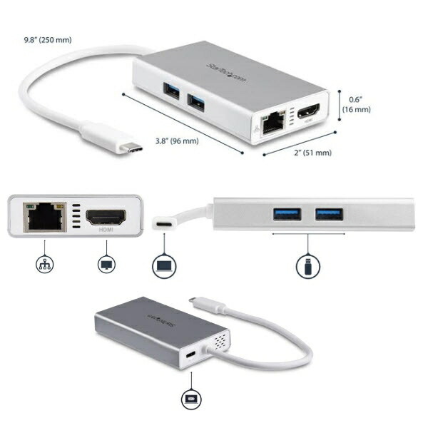 StarTech.com [DKT30CHPDW] USB Type-C接続マルチアダプタ シルバー&ホワイト 4K HDMI/USB Power Delivery/USB 3.0 Type-A 2ポート/ギガビット有線LAN｜TT-Mall 10,514円