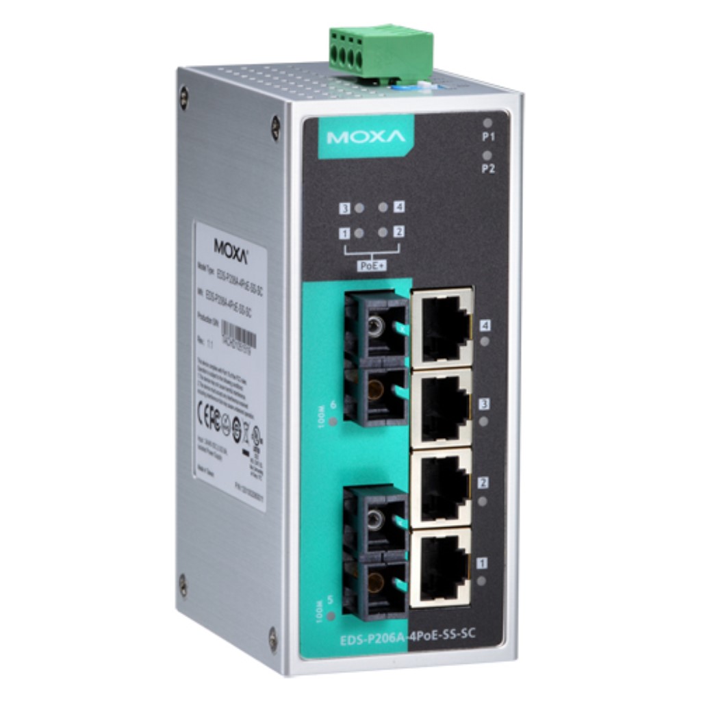 MOXA [EDS-P206A-4POE-SS-SC] 実業用6界面IEEE 802.3af/at PoE+アンマネージドイーサネットスイッチ 2xシングルSC